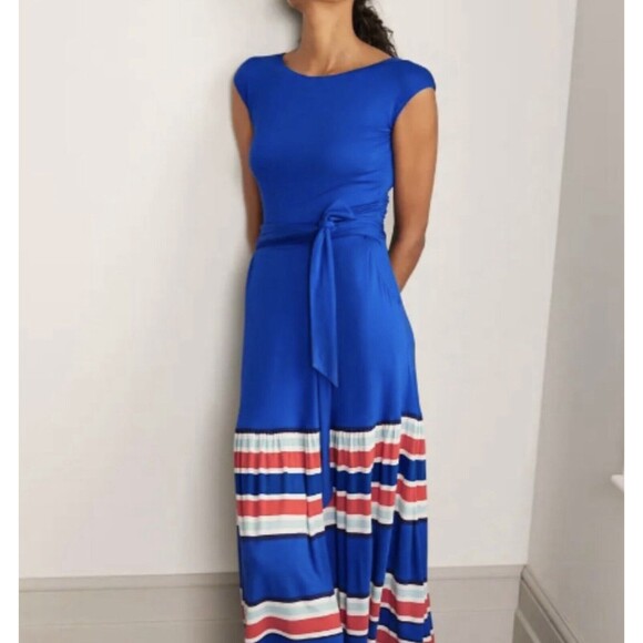 Boden Maxi Blue Eda Dress Striped Hem Cap Sleeve Stretch Belted 6 - Picture 4 of 13